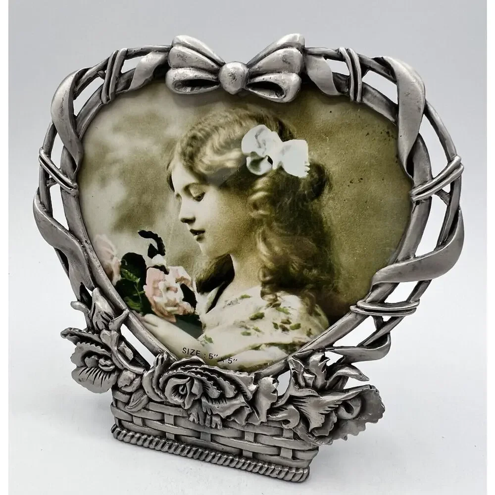 Vtg Pewter Heart Basket Floral Picture Frame Free Standing 5x5